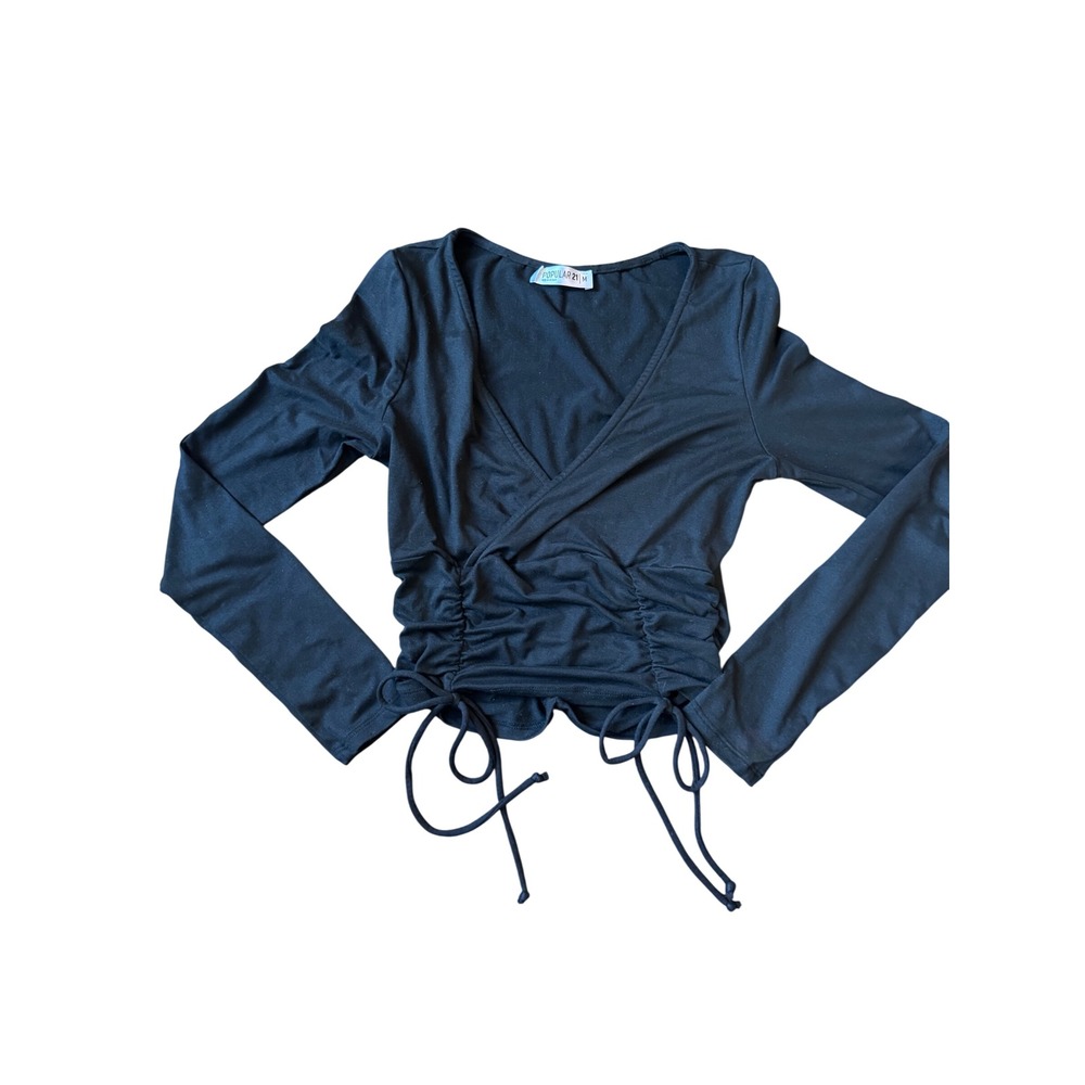 POPULAR 21 Black Long Sleeve Ruched Drawstring Wrap V-Neck Top‎ Size M